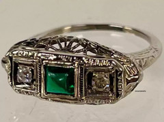 Art Deco Emerald & Lab Created Diamond 14K White Gold FN Filigree Wedding Ring