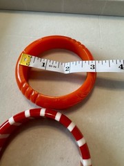 Lot 2 Vtg Lucite Plastic Bangle Bracelets Red White Stripe Carved Orange Stack