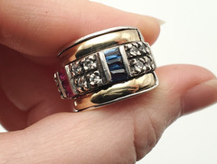 Vintage Sterling Gold Inlay Multi Gemstone Ruby Sapphire Wide Ring Band Sz 5.25