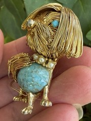 Vintage Gold tone wired faux turquoise pearl Dog Brooch Pin Jewelry