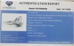 18k white gold Vintage filigree Engagement ring 2.64ct. Natural Cushion Diamond