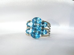 Sterling Silver 925 Natural Heated Blue Topaz Multi Row Statement Ring Size 11