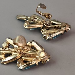 Vintage Rhinestone Brooch Clip Earrings Set Blue Waterfall Articulated Designer
