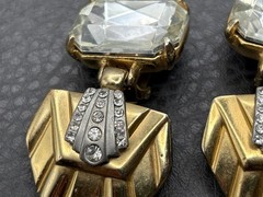 Vintage Runway Art Deco Style Crystal Drop Clip On Earrings Gold Tone Chunky