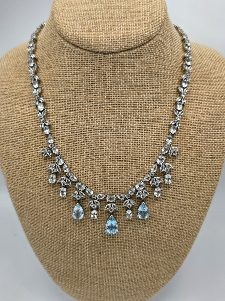 Vintage C*A 925 Sterling Silver Natural Blue Topaz Festoon Bib Statement…