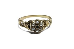 PRETTY ANTIQUE ENGLISH 15K GOLD EMERALD PEARL LOCKET CLUSTER RING c1880