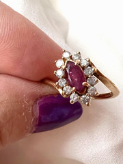 VINTAGE 14K YELLOW GOLD RED NAVETTE MARQUISE CUT GENUINE RUBY AND DIAMONDS RING