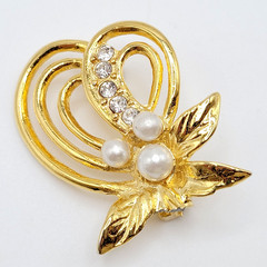 Heart Modernist Abstract Faux Pearl Rhinestone Open Metal Gold Tone Brooch Pin