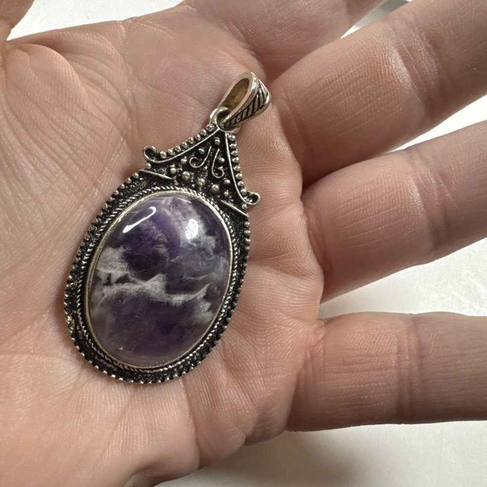 Vintage Imitation Amethyst Pendant Oblong 2 ” Silver Tone Metal