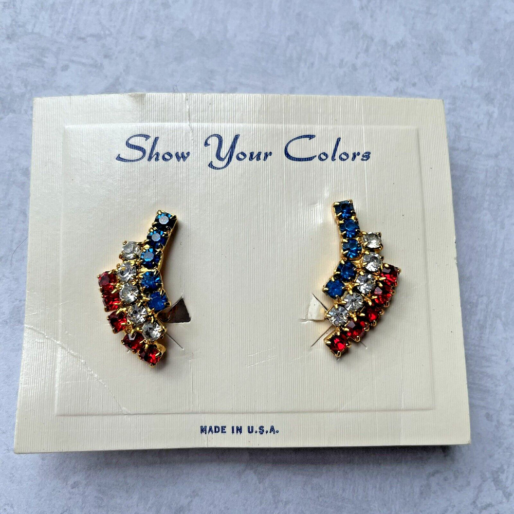 Vintage Patriotic Red White & Blue Rhinestone Cluster Gold Tone Clip On Earrings
