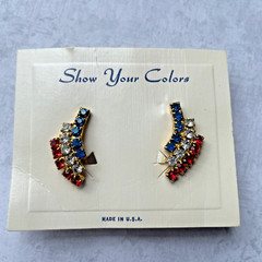 Vintage Patriotic Red White & Blue Rhinestone Cluster Gold Tone Clip On Earrings