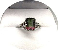 Pretty TOURMALINE Ring, Natural Bi-Color, Red Green – 14k White Gold Filigree