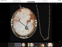 Oval Cameo Pendant Necklace on Chain, Silver Tone Frame, Brown White