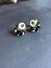 Real Seashell Flower Earrings Vintage White and Black Shells Screw Back Closure