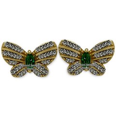 Stunning 1.85ctw Rose Cut Diamond Emerald Silver Vintage Butterfly Studs Earring