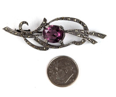 Sterling Silver Antique Edwardian Amethyst & Marcasite Brooch Pin Trombone Clasp
