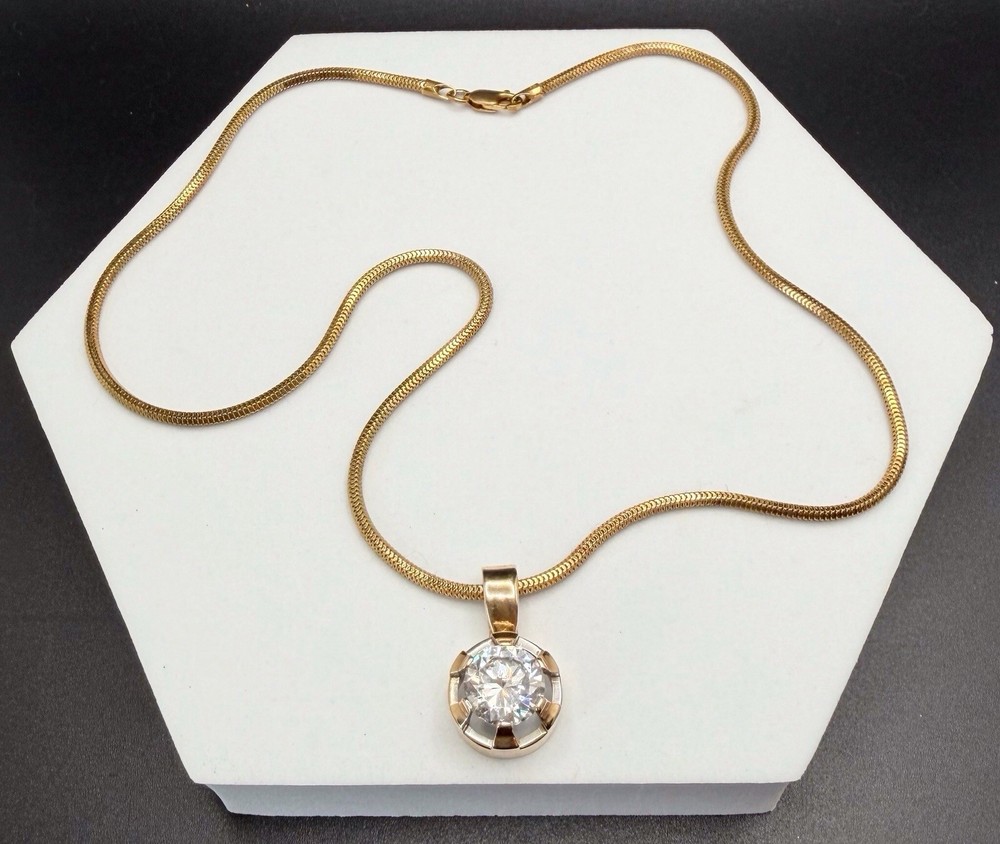 925 Sterling Silver Gold Vermeil 18” Chain Italy 10mm Crystal Pendant