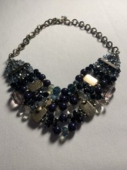 Vintage Multi Layered Statement Necklace Blue Black Crystal Beaded Strands