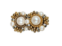 Vintage Strung Faux Pearl, Rhinestone Rondell and Gold Bead Cluster Clips