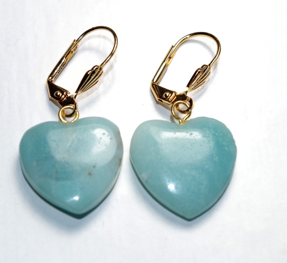 Vintage Carved Heart Larimar Lever back Earrings in 14K GF