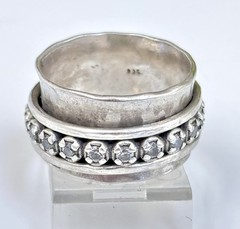 Vtg Sterling Silver 925 CZ 10mm Wide Hammered Spinner Fidget Band Ring Size 6