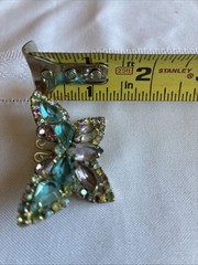 Vintage Rhinestone Butterfly Brooch Aqua Teal Gold Tone Mid Century Style