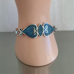 Vintage Mexico 925 Sterling Turquoise Inlay Mosaic Tension Bangle Bracelet 7″