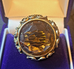 VINTAGE GOLD CITRINE AMBER SIZE 5 RING FILIGREE WORK SCROLL BEAUTIFUL-RETRO-1970
