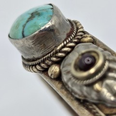 Vtg Tibetan Mixed Metal Cuff Bracelet Turquoise Garnet Tri Metal Nepal Bangle
