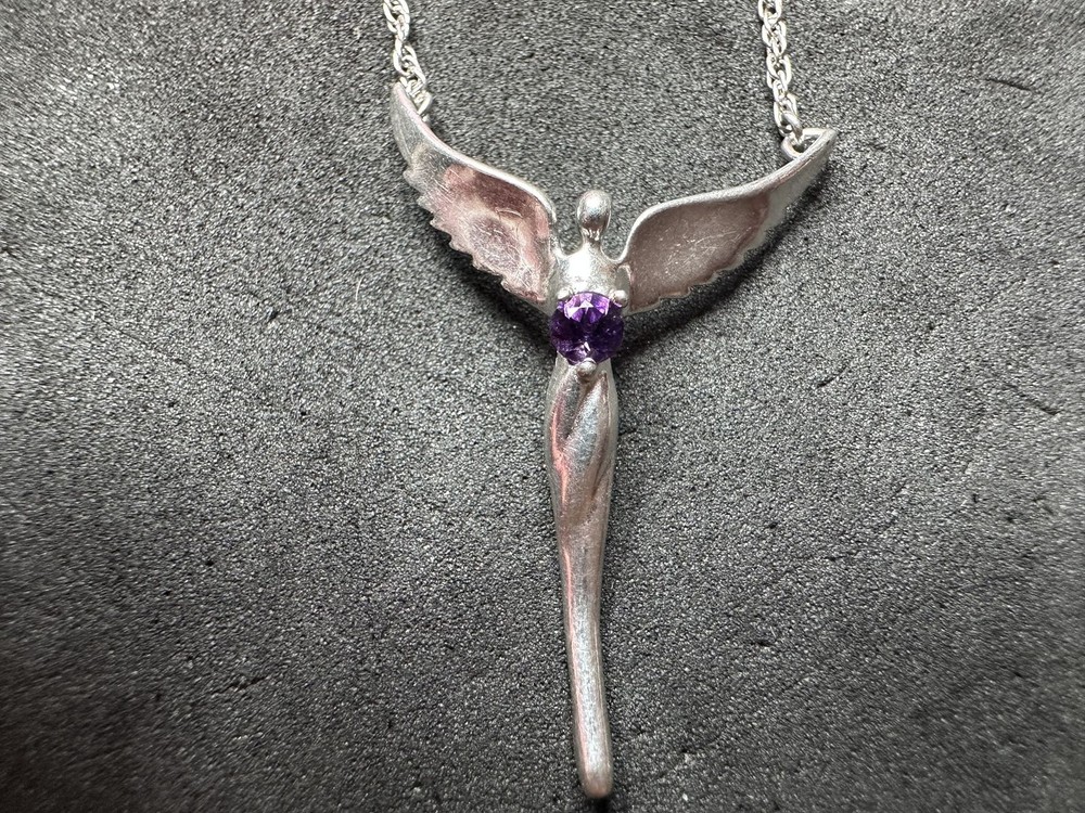 3.00g Vintage Sterling Silver 925 Angel Wing Purple Necklace 16 in M