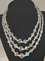 Vintage Crystal AB Glass Clear Iridescent Bead Necklace 3 Strand Collar Bib