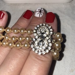 Tri-Strand Bracelet; Champagne Pearl Rhinestone Infinity Clasp Marked Vtg Faux
