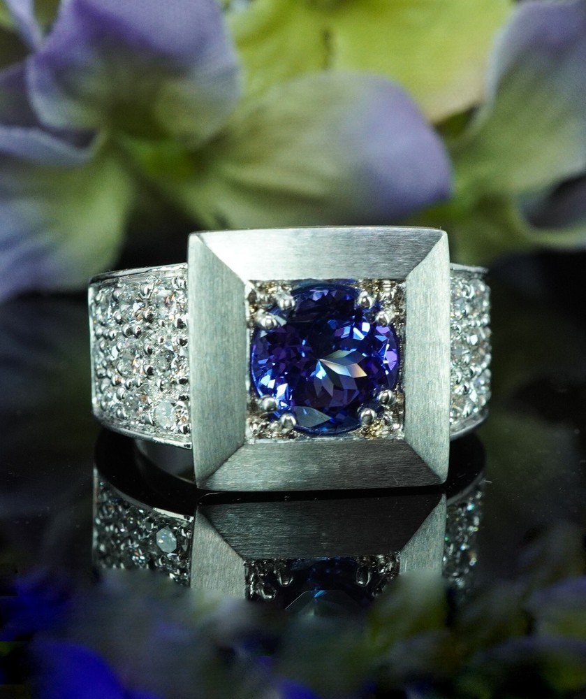 Giant 18g Vintage 2.3ct Gem Tanzanite Colorless Diamond Ring 18K White Gold Heav