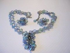 WEISS Open Back BEZEL Set MINT & BABY BLUE RHINESTONES Dangling NECKLACE & ERR