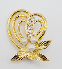 Heart Modernist Abstract Faux Pearl Rhinestone Open Metal Gold Tone Brooch Pin