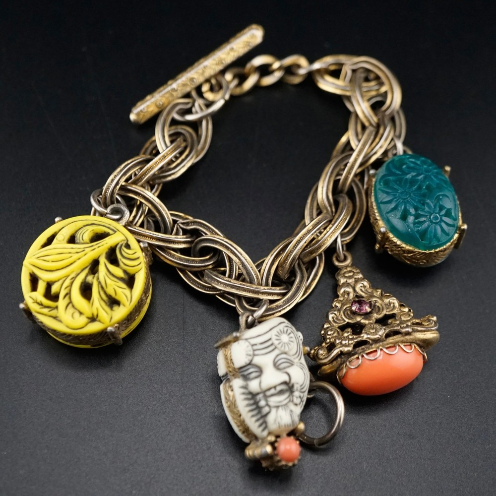 Vintage Selro Selini Asian Motif Noh Mask Charm Bracelet 1950s MCM 6.5″ Chunky