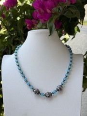 Antique Venetian Murano Wedding Cake Blue Opalescent Glass Beaded Necklace