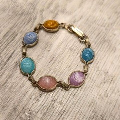 Vintage Childs Scarab beetle Bracelet Cabochon Egyptian Revival Jewelry Pastel