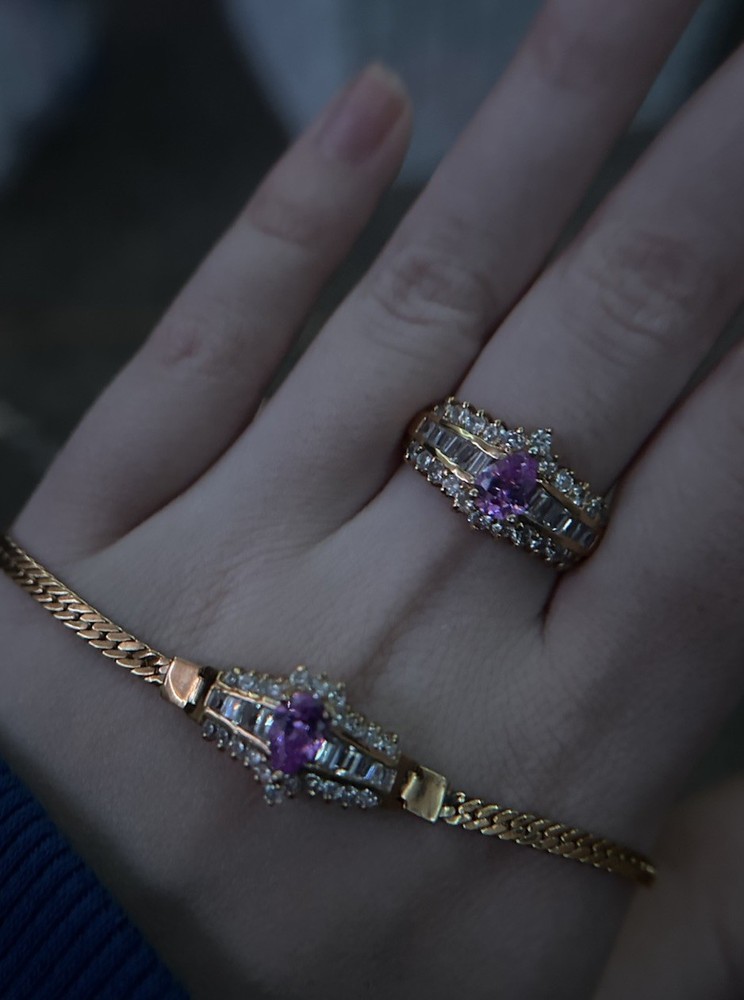 Gold-Tone Pink Stone Ring & Bracelet Set – Vintage-Inspired Baguette CZ Accents