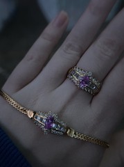 Gold-Tone Pink Stone Ring & Bracelet Set – Vintage-Inspired Baguette CZ Accents
