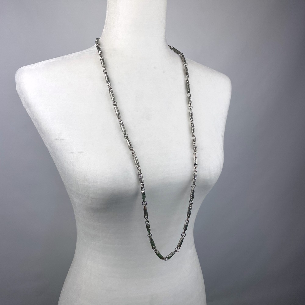 Vintage Style 38″ Silver Tone Textured Barrel Cylinder Link Opera Chain Necklace