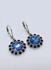 Monet Dangle Flower Earrings Blue Rhinestone Silver Tone Leverback 1.25 in