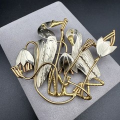 Vintage Birds in the Marsh Brooch Pin Mixed Metal Silver & Gold Tone Heron Crane