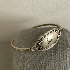 Victorian revival cursive antique gold Love panel tension bangle bracelet
