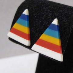 Vtg White Blue Green Yellow Red Striped Lucite TRIANGLE Stud Earrings 3/4″