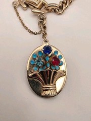 Vintage Signed Barclay Multicolor Crystal, Blue Enamel Floral Charm Bracelet