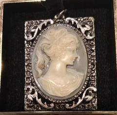 Vintage Cameo Pendant Silver Tone Rectangle Filigree Gray Cream Lady Portrait