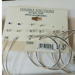 Sensible Solutions Vintage Y2K Deadstock Earring Lot Silver Hoops Studs 7 Cards