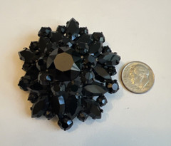 Vintage Jet Black Rhinestone Domed Flower Brooch