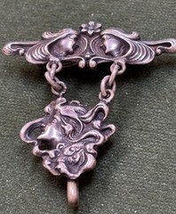 ART NOUVEAU 2-PC STERLING TOP WATCH PIN LOCKET HOLDER UNGER-STYLE PEACOCK LADY